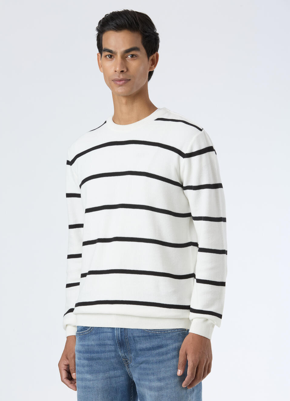 Men White Horizontal Stripe Flat Knit, , large image number 3