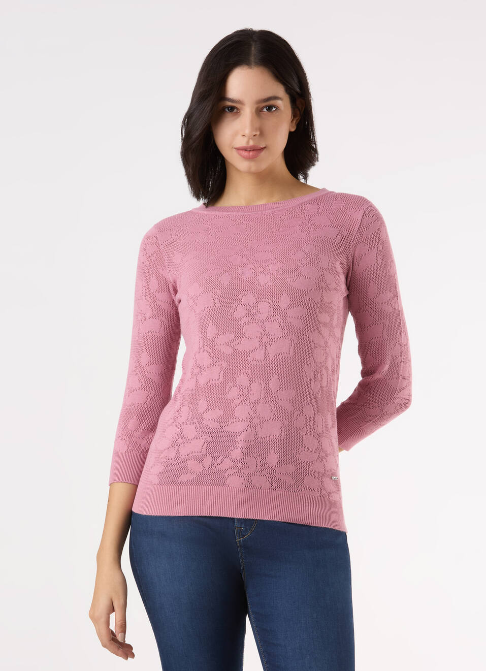 Women Pink Jacquard Textured With 3/4 Sleeve Flat Knit, , large image number 1