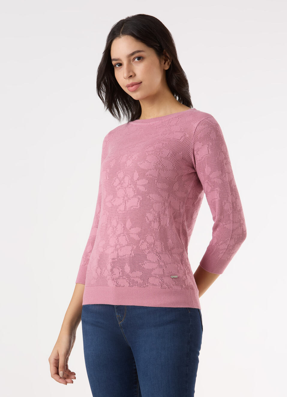 Women Pink Jacquard Textured With 3/4 Sleeve Flat Knit, , large image number 3