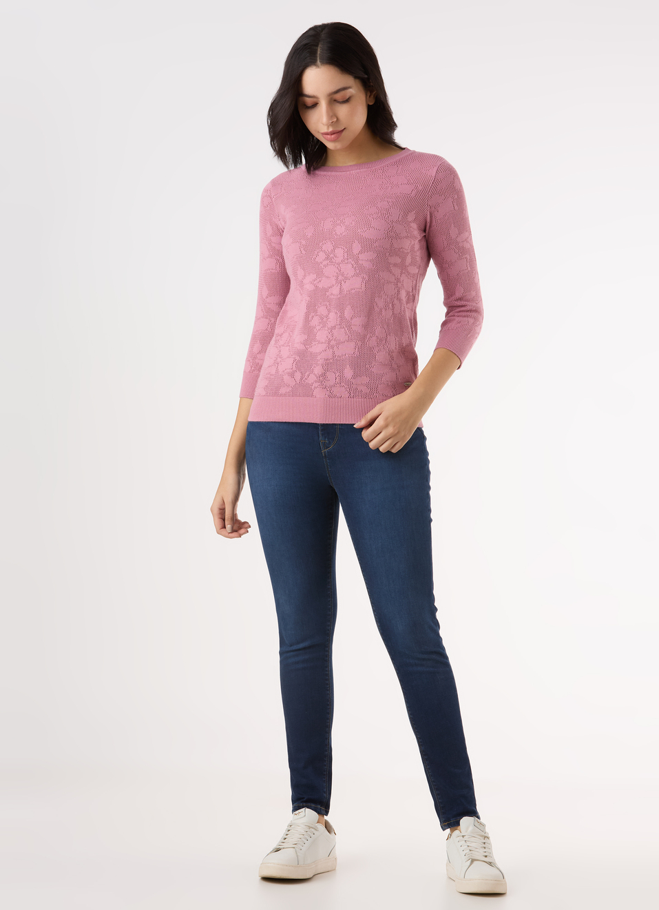 Women Pink Jacquard Textured With 3/4 Sleeve Flat Knit, , large image number 5