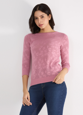 Women Pink Jacquard Textured With 3/4 Sleeve Flat Knit