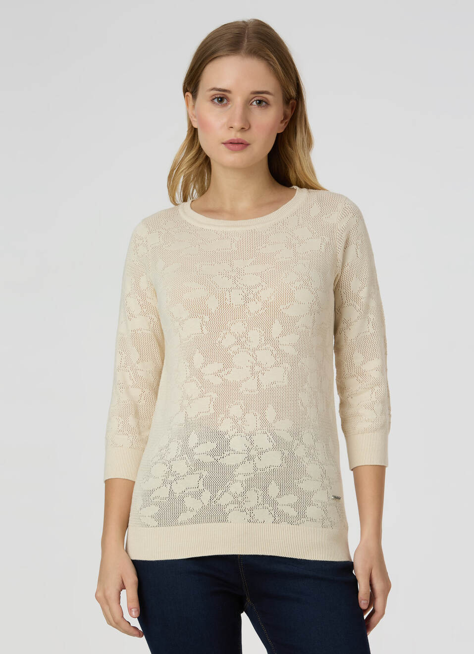Women Ecru Jacquard Textured With 3/4 Sleeve Flat Knit, , large image number 1