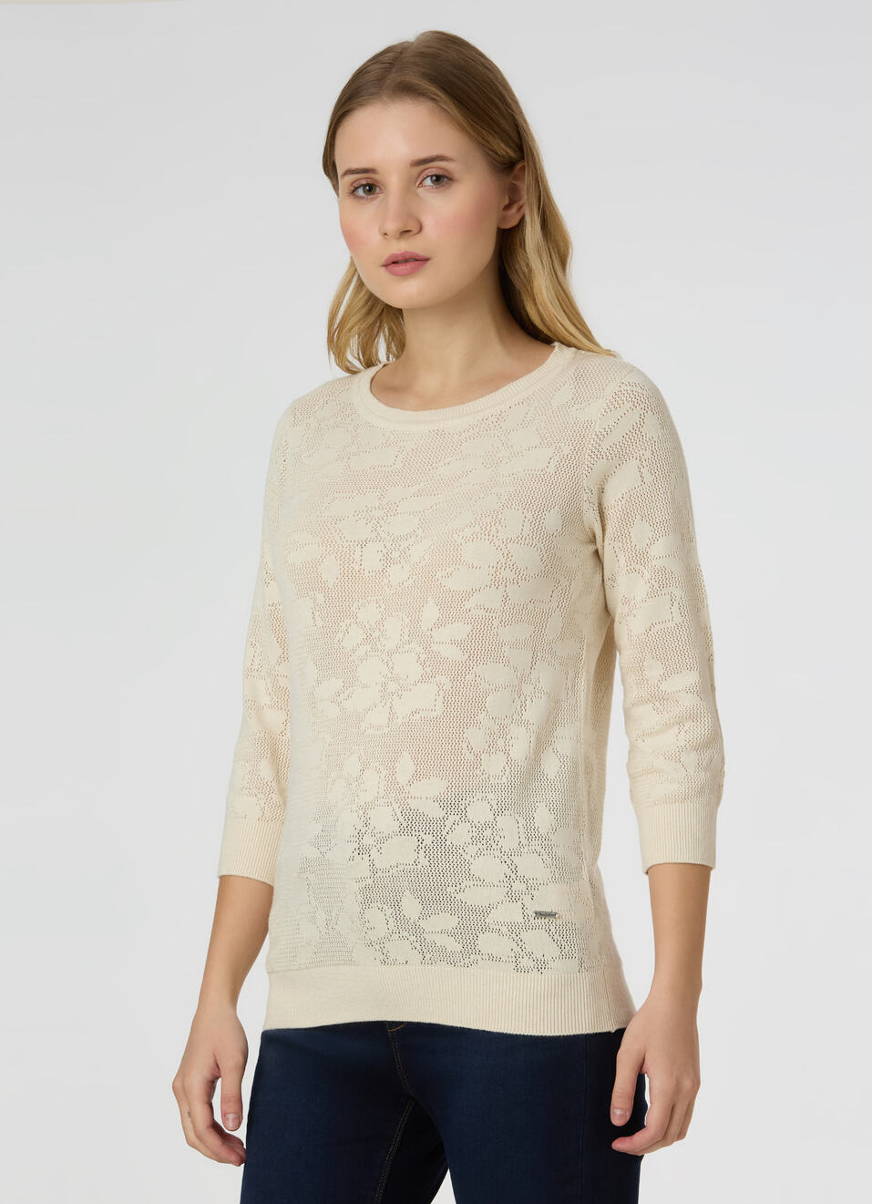 Women Ecru Jacquard Textured With 3/4 Sleeve Flat Knit, , large image number 3