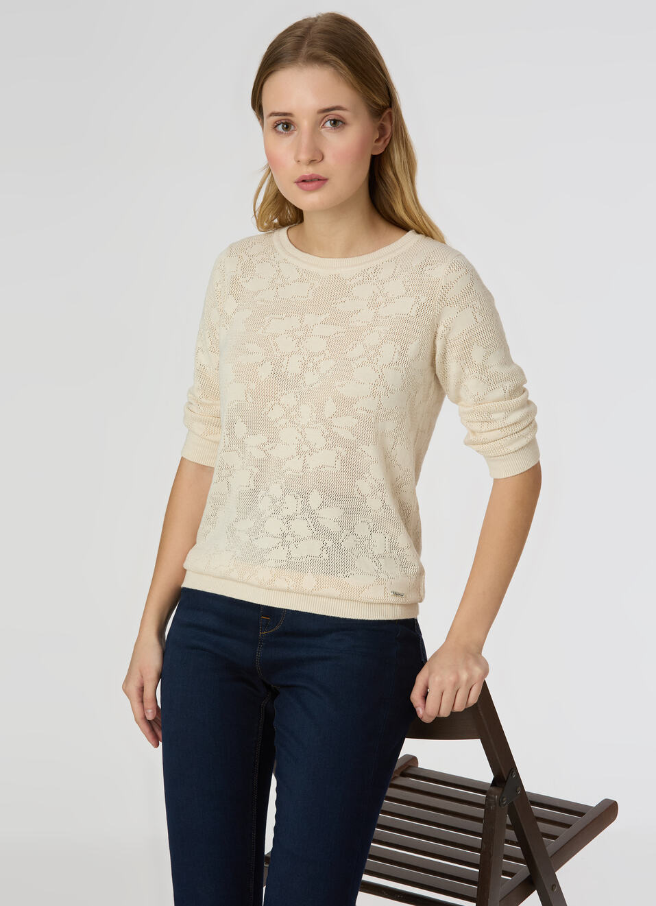 Women Ecru Jacquard Textured With 3/4 Sleeve Flat Knit, , large image number 0