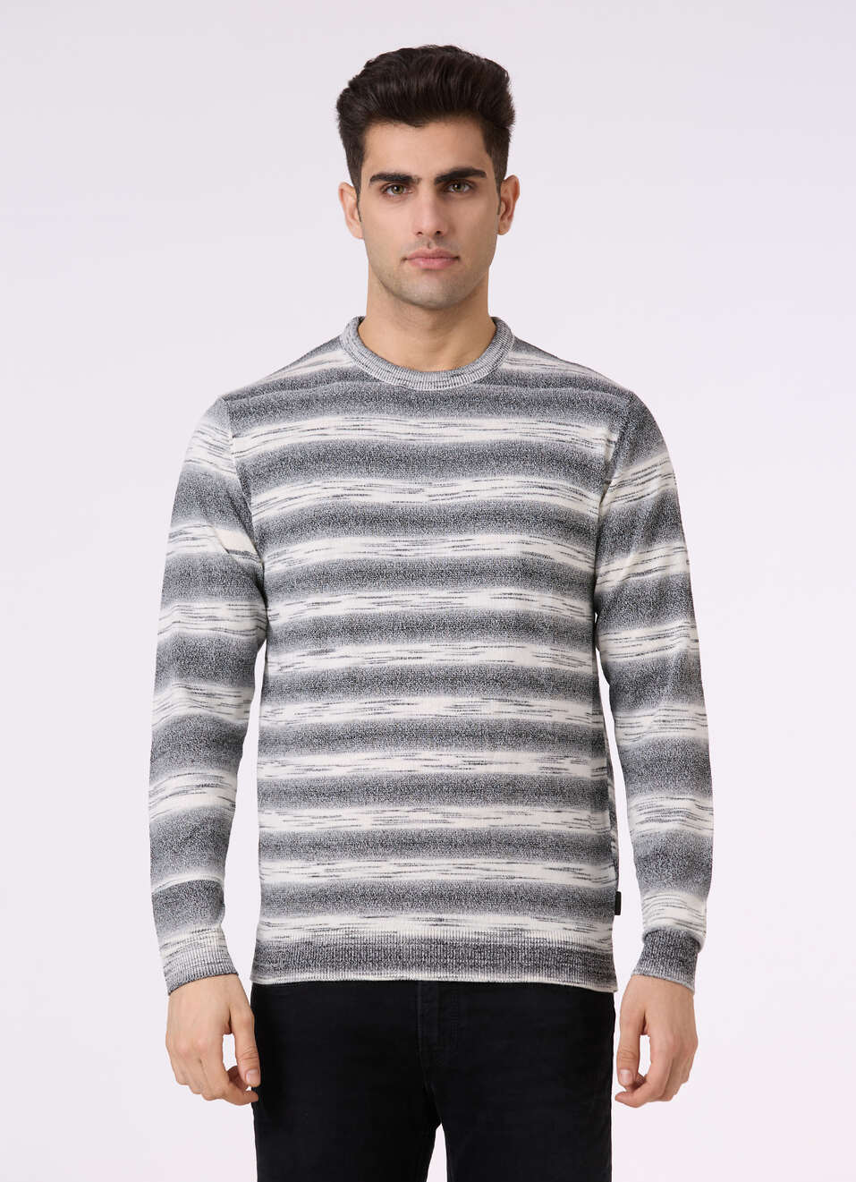 Men Grey Horizontal Stripe Flat Knit Sweater, , large image number 1