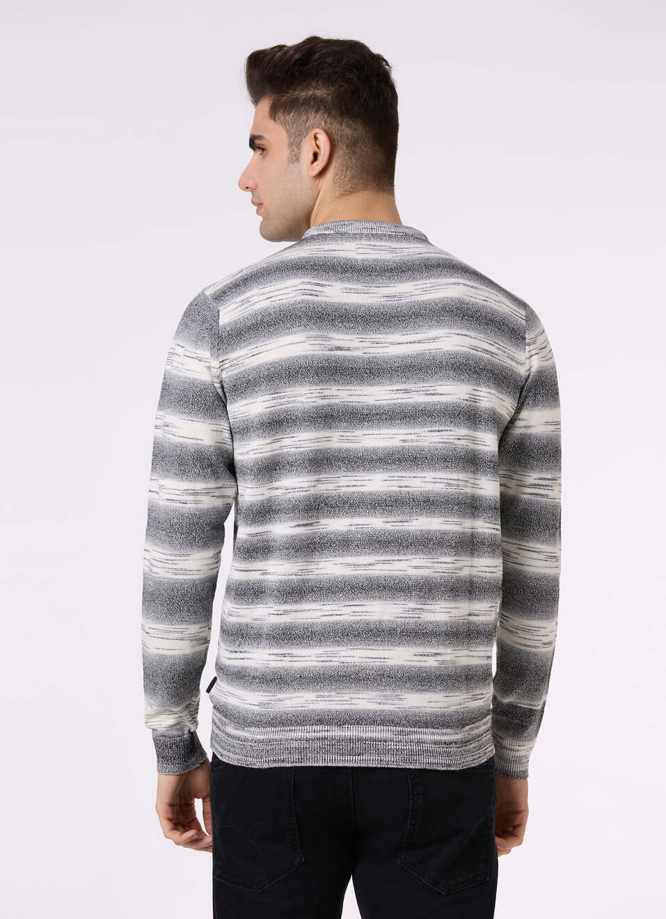 Men Grey Horizontal Stripe Flat Knit Sweater, , large image number 2