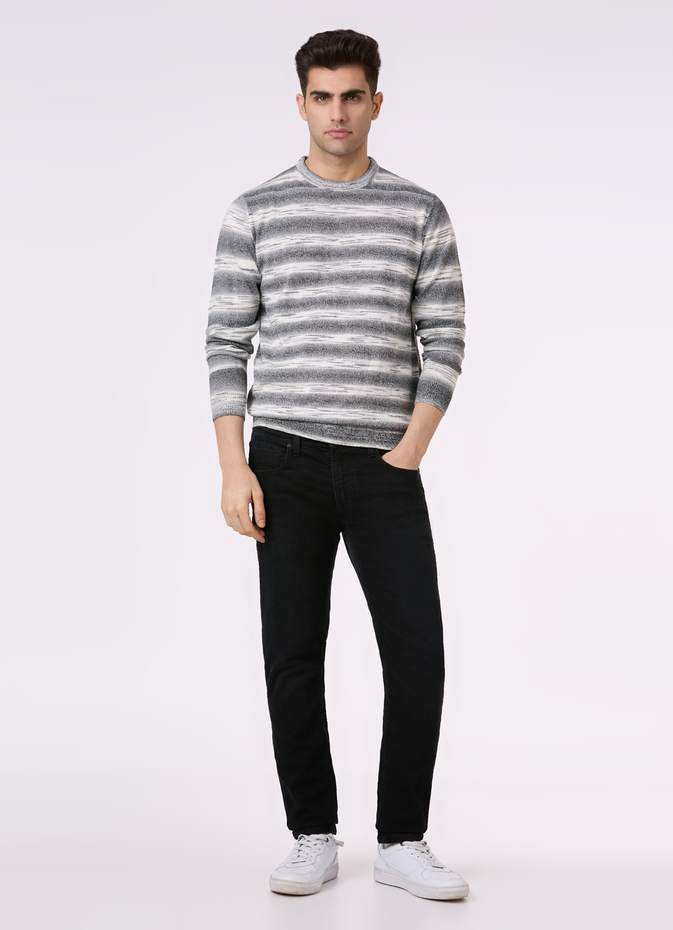 Men Grey Horizontal Stripe Flat Knit Sweater, , large image number 5