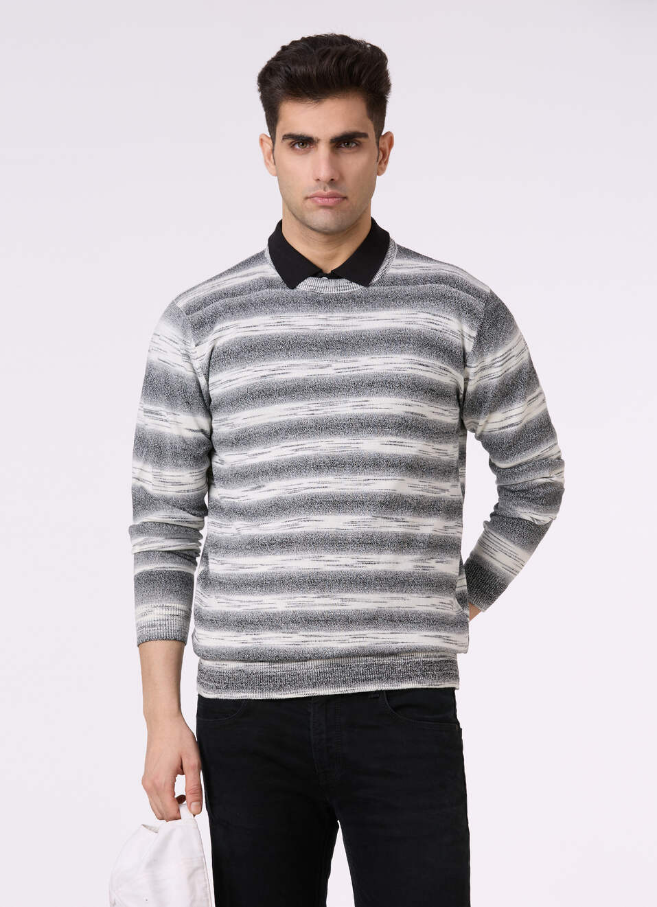 Men Grey Horizontal Stripe Flat Knit Sweater, , large image number 0