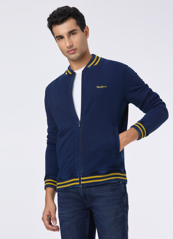Men Navy Varsity Collar Zip Up Sweatshirt
