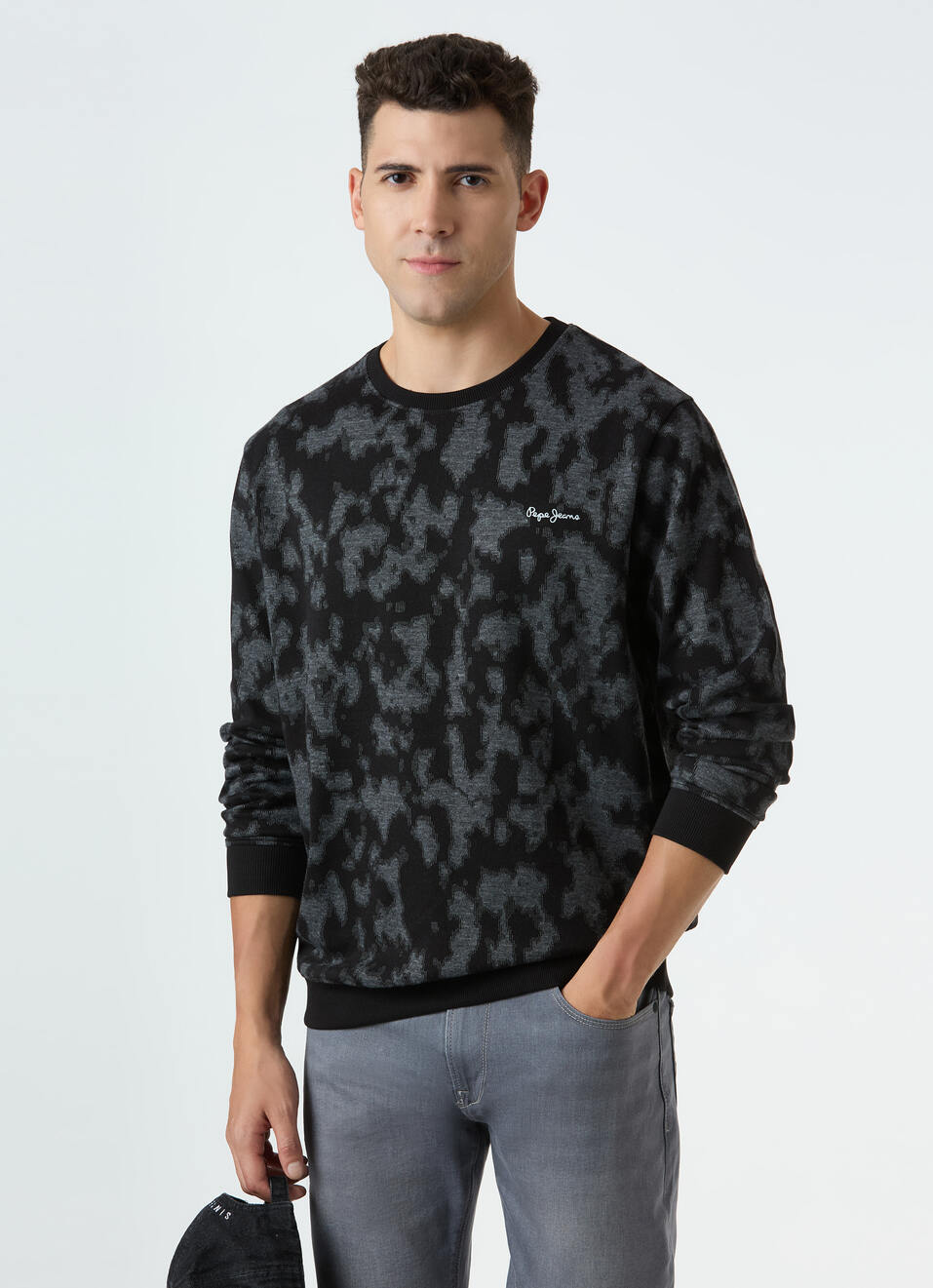 Men Black Abstract Camo Print Sweatshirt, , large image number 0