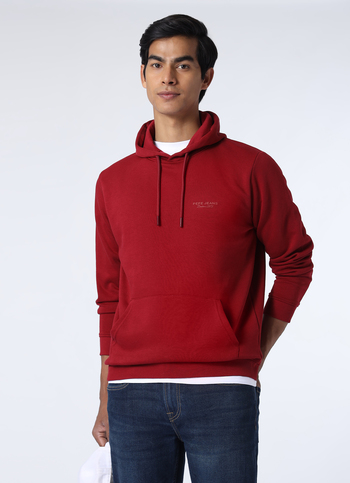 Men Red Regular Fit Solid Hooded Sweatshirt