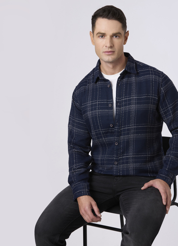 Men Navy Checked Casual Shirt