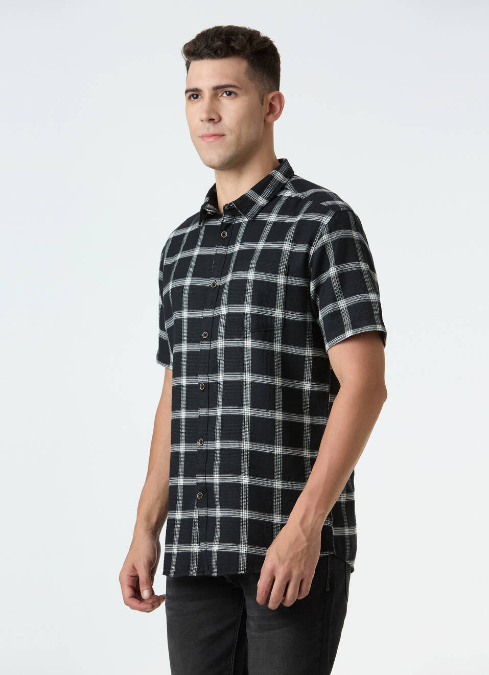 Men Black Check Short Sleeve Shirt, , large image number 3