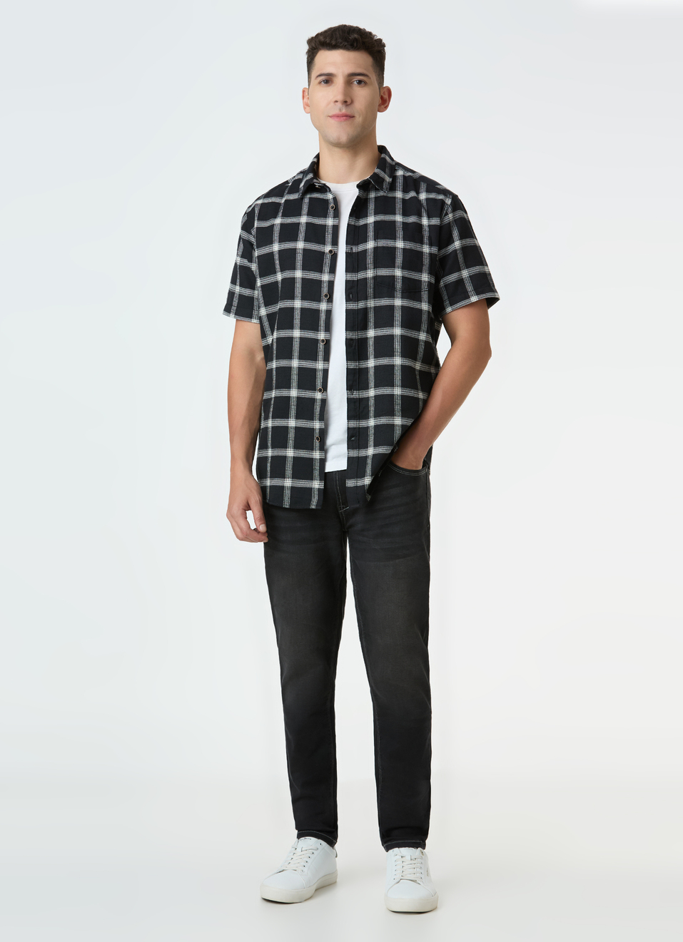 Men Black Check Short Sleeve Shirt, , large image number 5