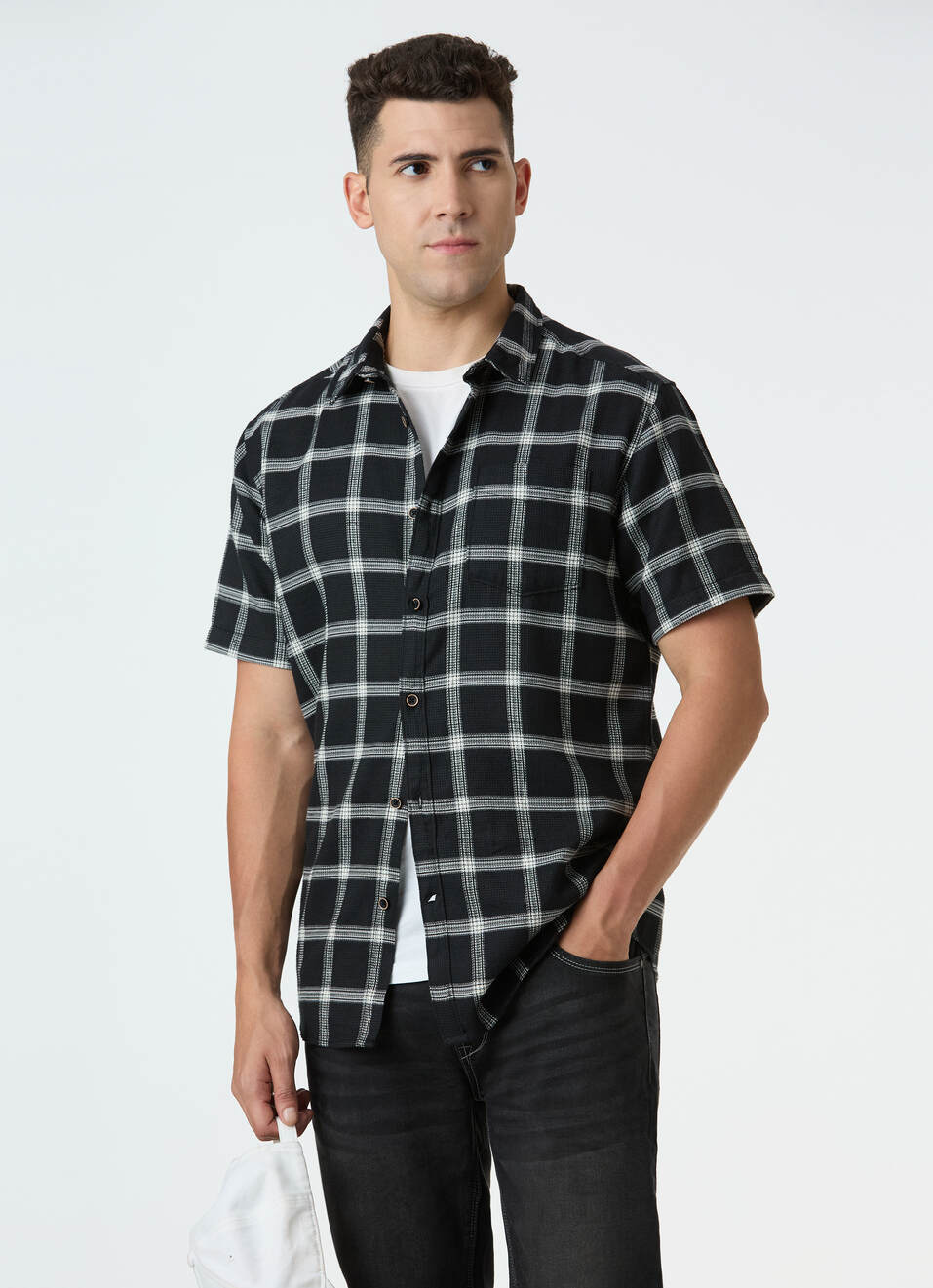 Men Black Check Short Sleeve Shirt, , large image number 0