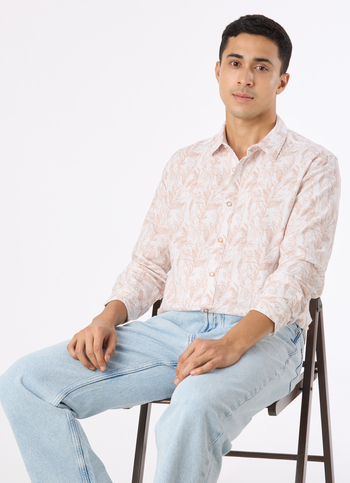 Men Peach Botanical Leaf Print Full Sleeve Shirt