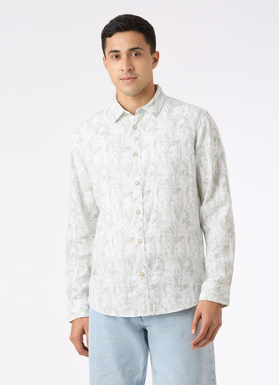 Men Green Botanical Leaf Print Full Sleeve Shirt, , large image number 1