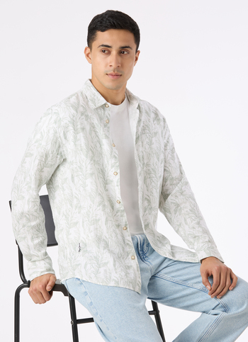 Men Green Botanical Leaf Print Full Sleeve Shirt