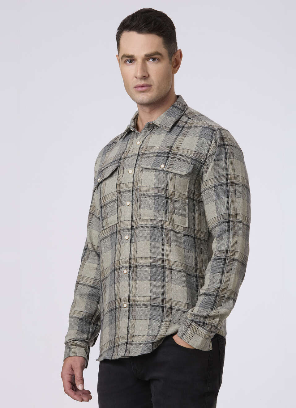 Men Olive Green Checked With Flap Pockets Shirt, , large image number 3