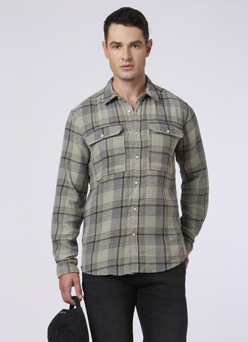 Men Olive Green Checked With Flap Pockets Shirt