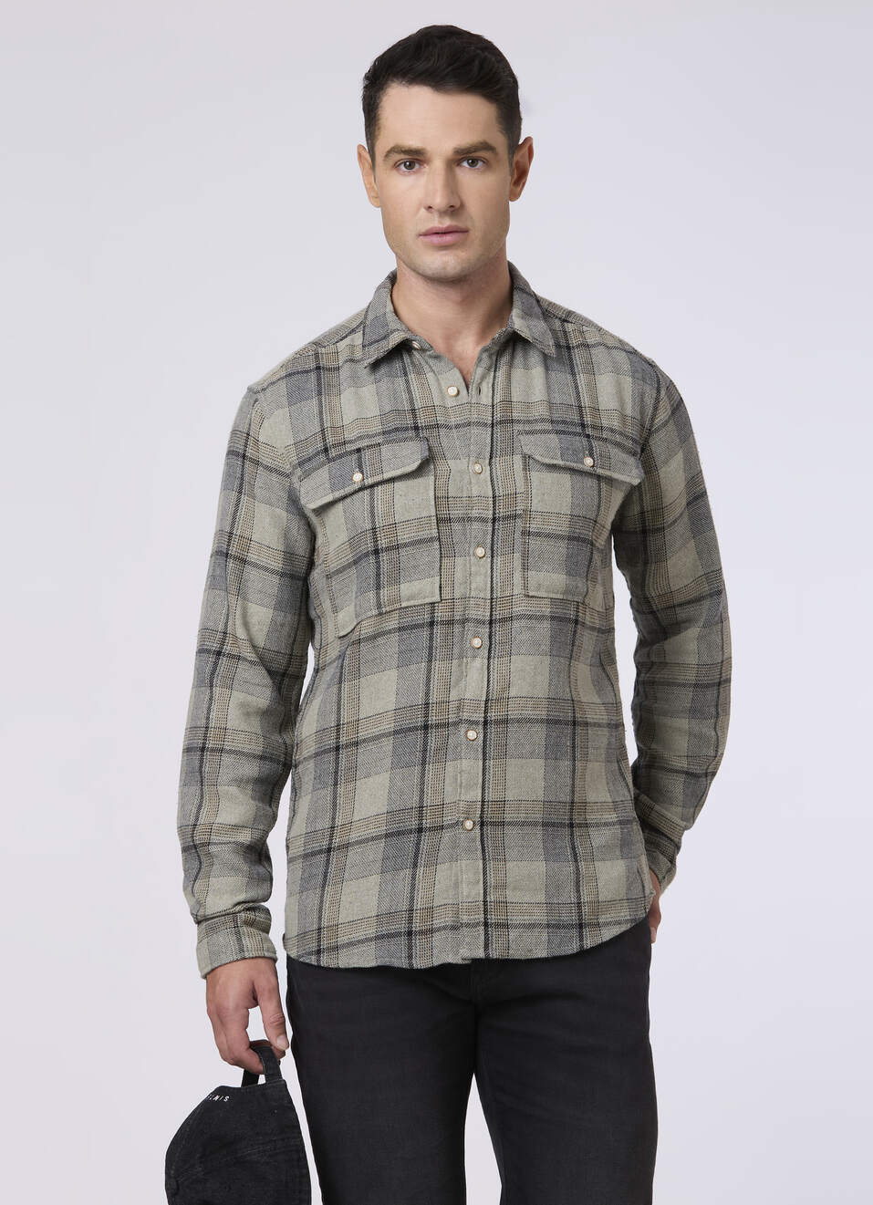 Men Olive Green Checked With Flap Pockets Shirt, , large image number 0
