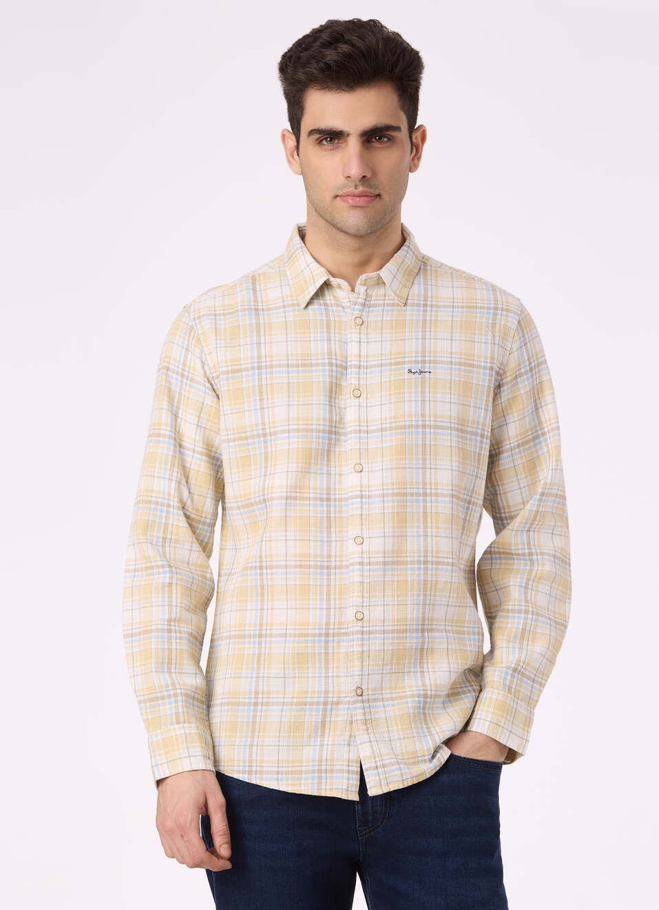 Men Yellow Check Full Sleeve Shirt, , large image number 1
