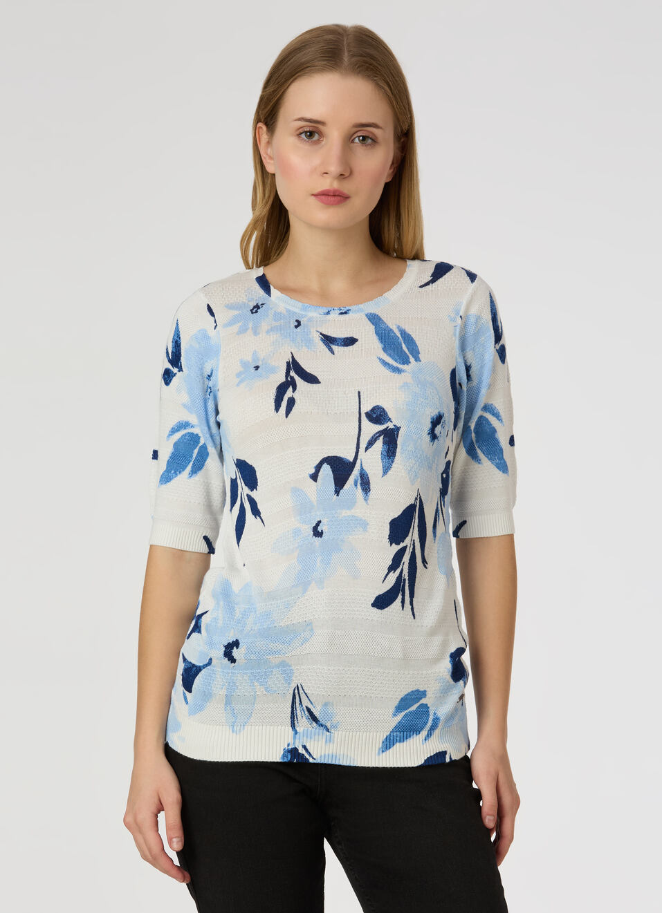Women Blue Floral Print Short Sleeve Flat Knit Top, , large image number 1