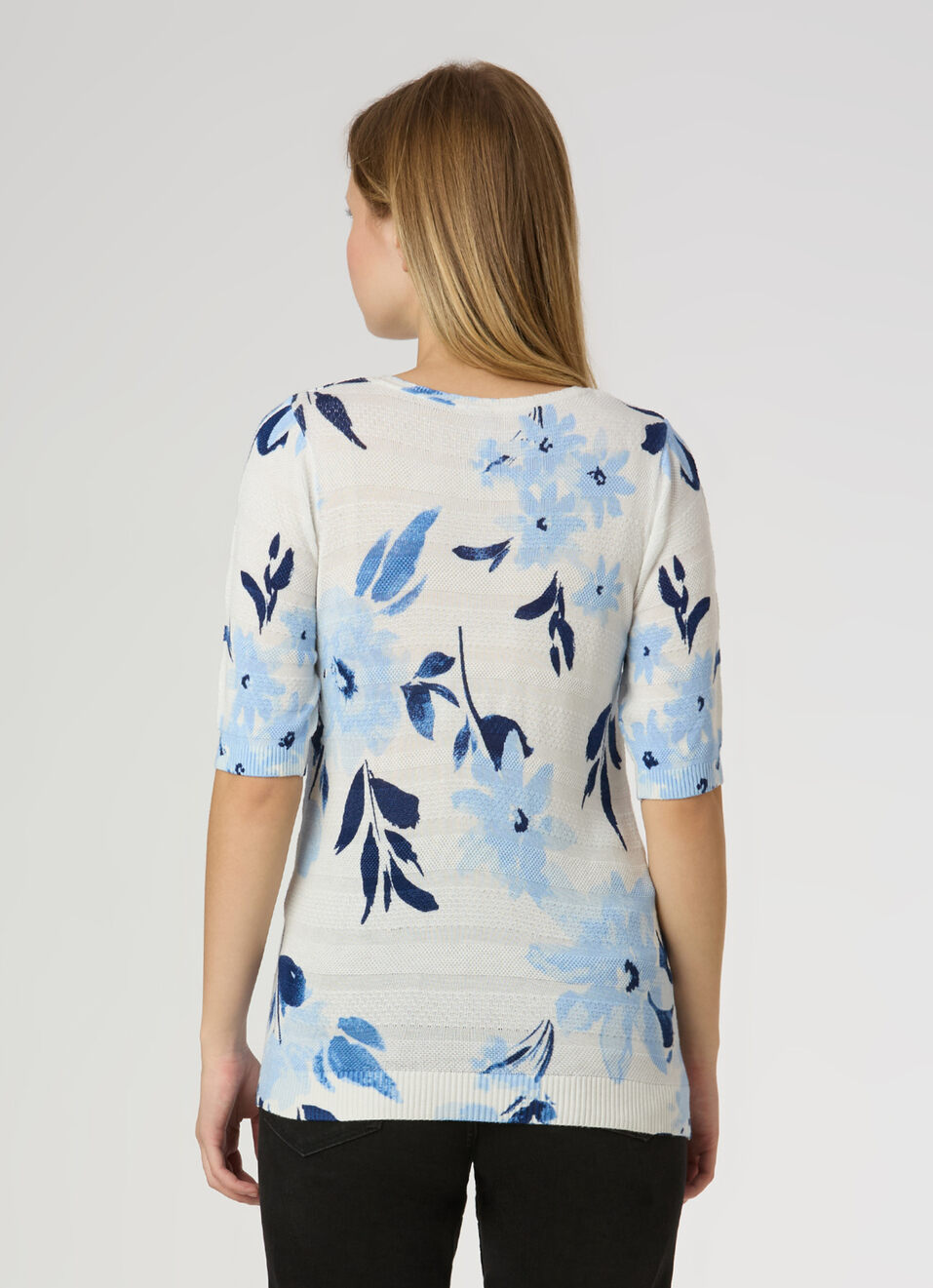 Women Blue Floral Print Short Sleeve Flat Knit Top, , large image number 2