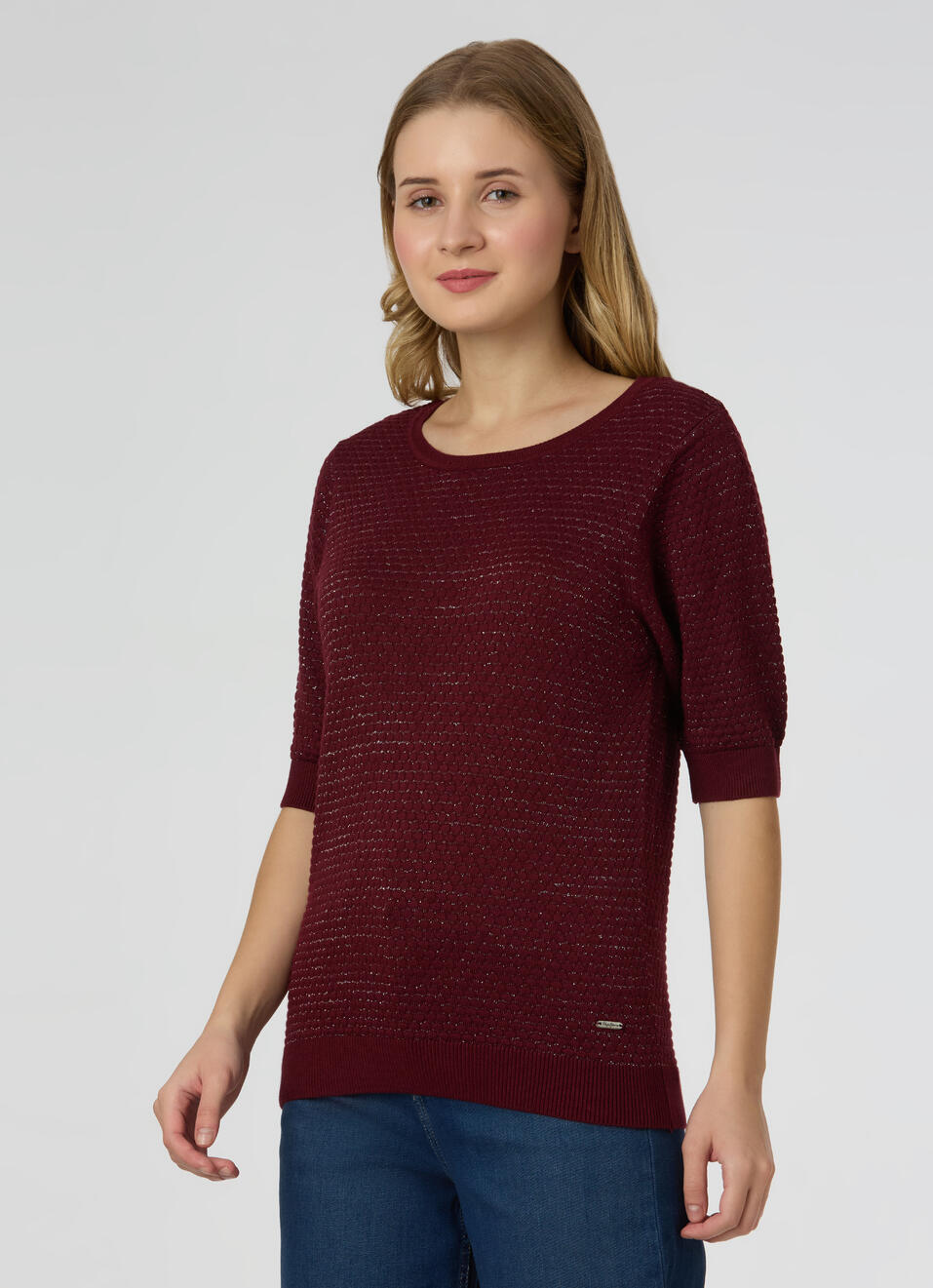 Women Red Textured Regular Fit Knit Top, , large image number 3
