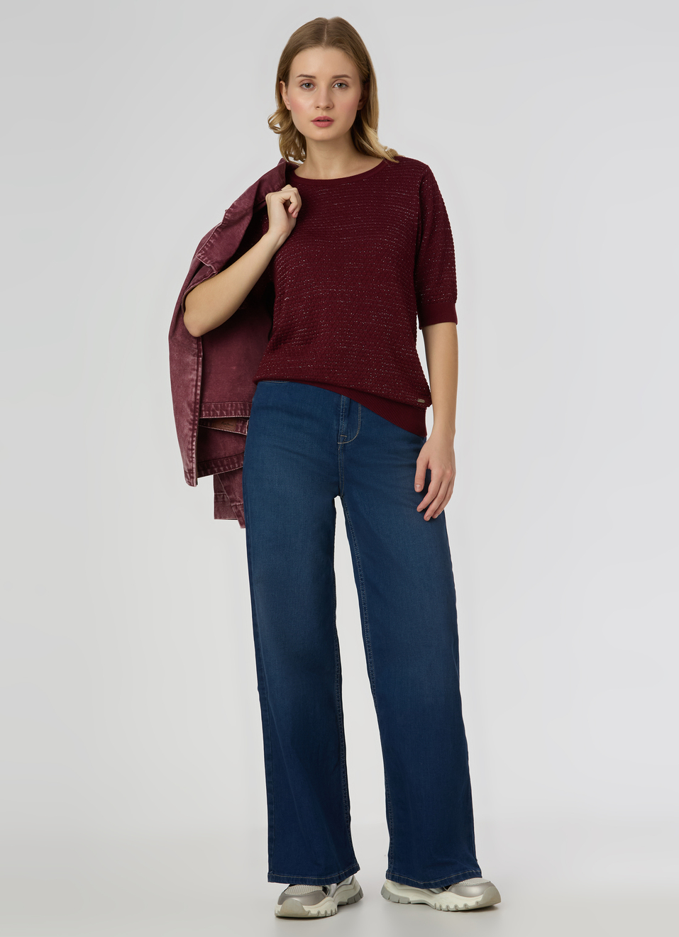 Women Red Textured Regular Fit Knit Top, , large image number 5