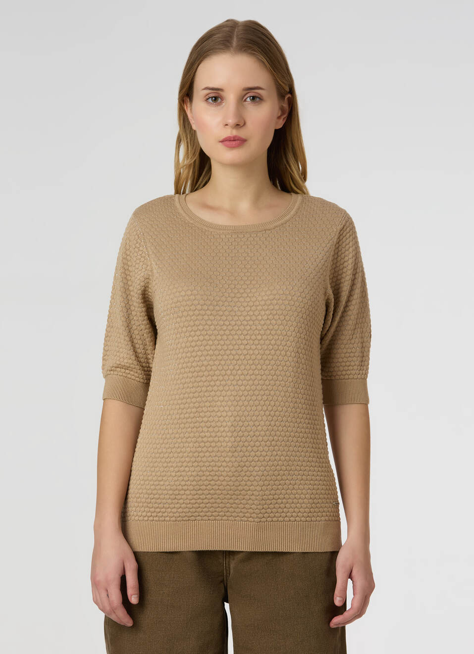 Women Beige Textured Regular Fit Knit Top, , large image number 1