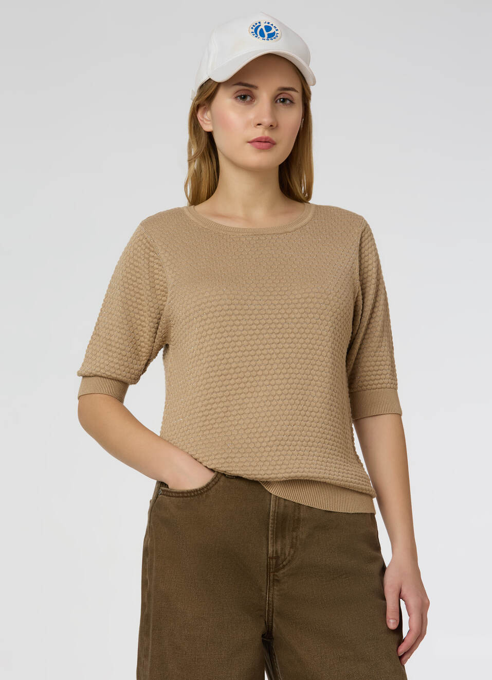 Women Beige Textured Regular Fit Knit Top, , large image number 0