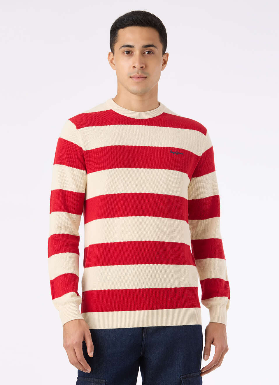Men Red Horizontal Stripe Flat Knit Sweater, , large image number 1