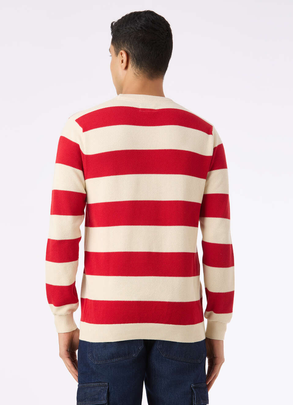 Men Red Horizontal Stripe Flat Knit Sweater, , large image number 2