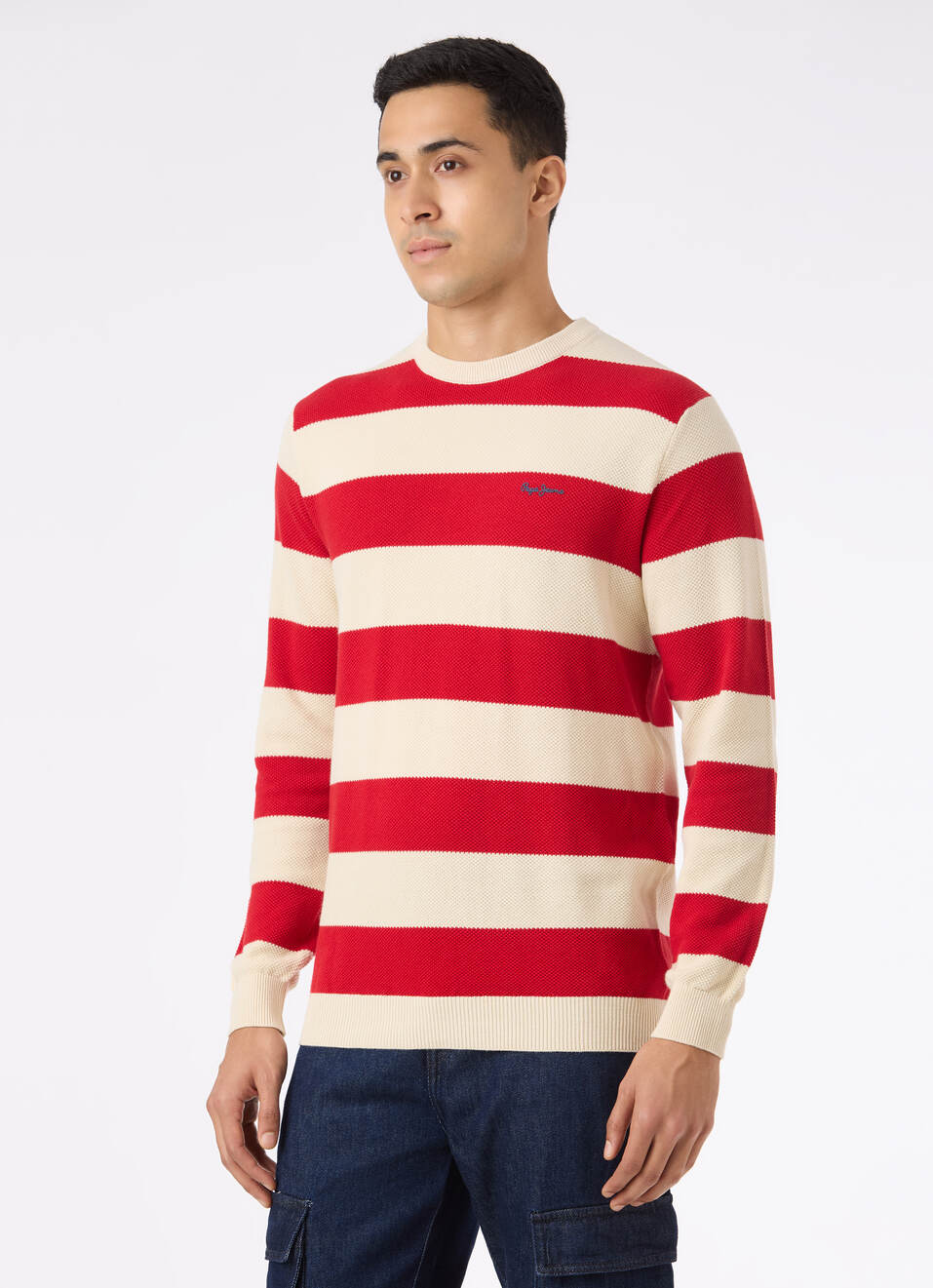 Men Red Horizontal Stripe Flat Knit Sweater, , large image number 3