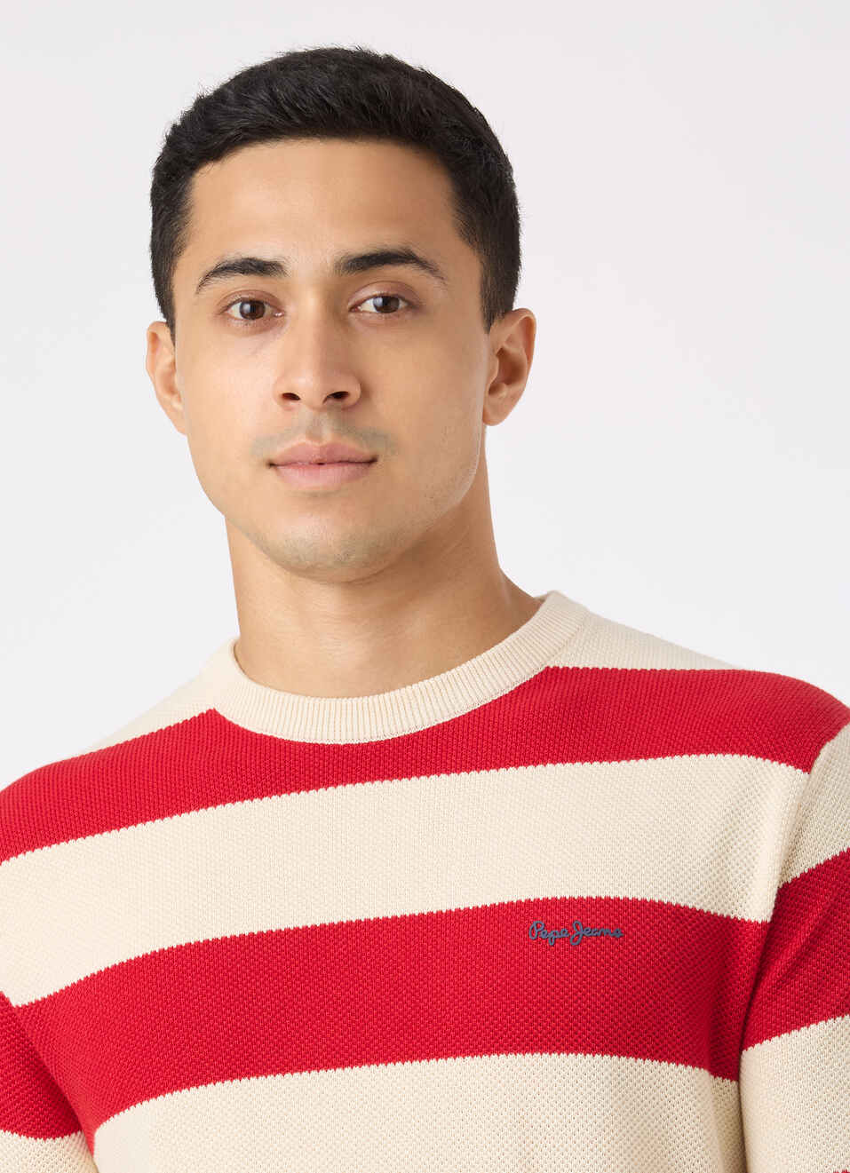 Men Red Horizontal Stripe Flat Knit Sweater, , large image number 4