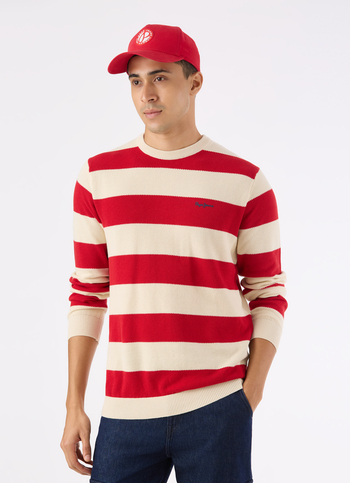 Men Red Horizontal Stripe Flat Knit Sweater