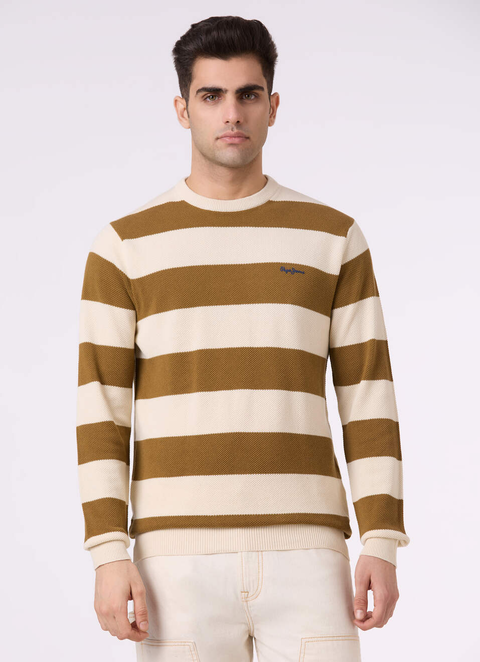 Men Brown Horizontal Stripe Flat Knit Sweater, , large image number 1