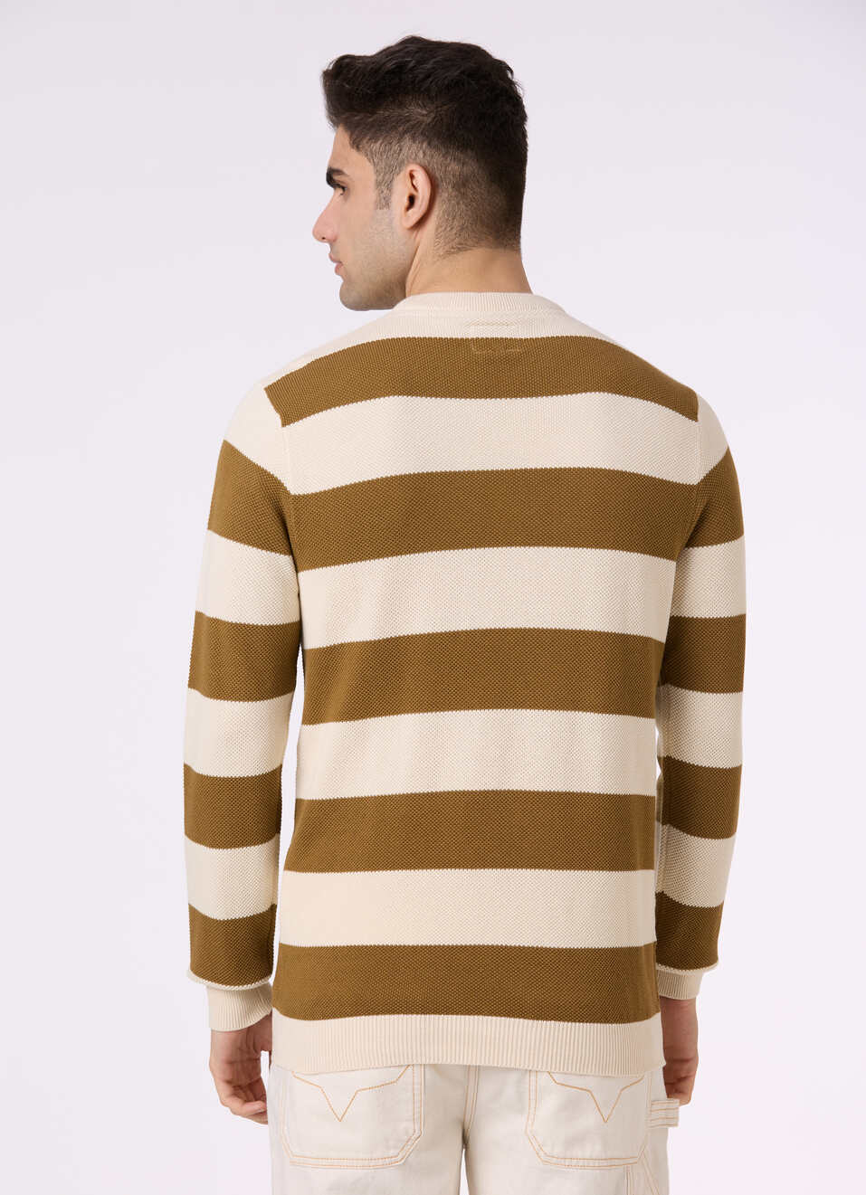 Men Brown Horizontal Stripe Flat Knit Sweater, , large image number 2