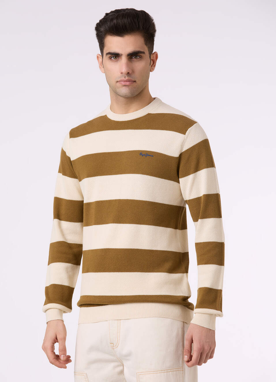 Men Brown Horizontal Stripe Flat Knit Sweater, , large image number 3