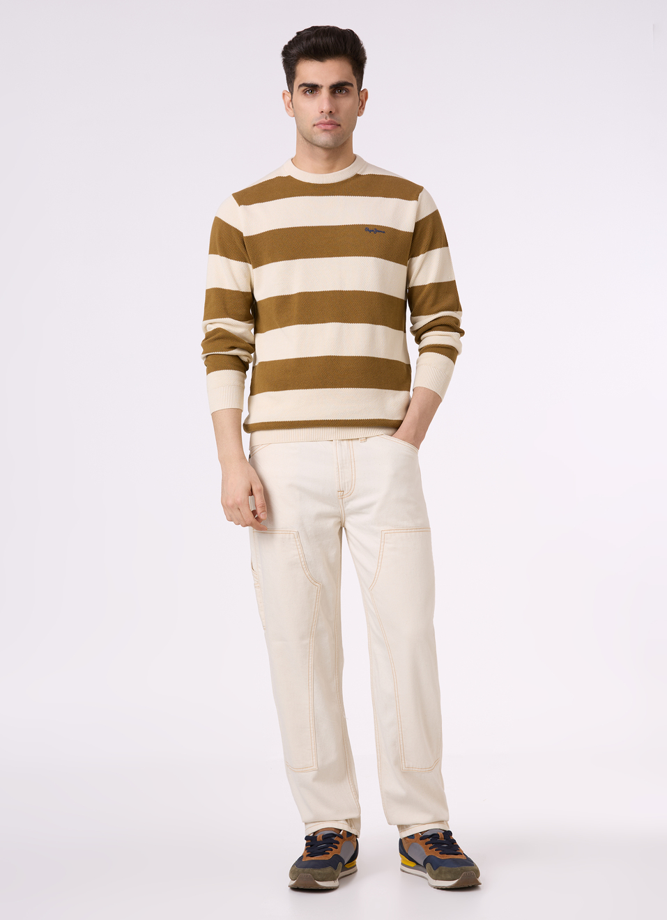 Men Brown Horizontal Stripe Flat Knit Sweater, , large image number 5