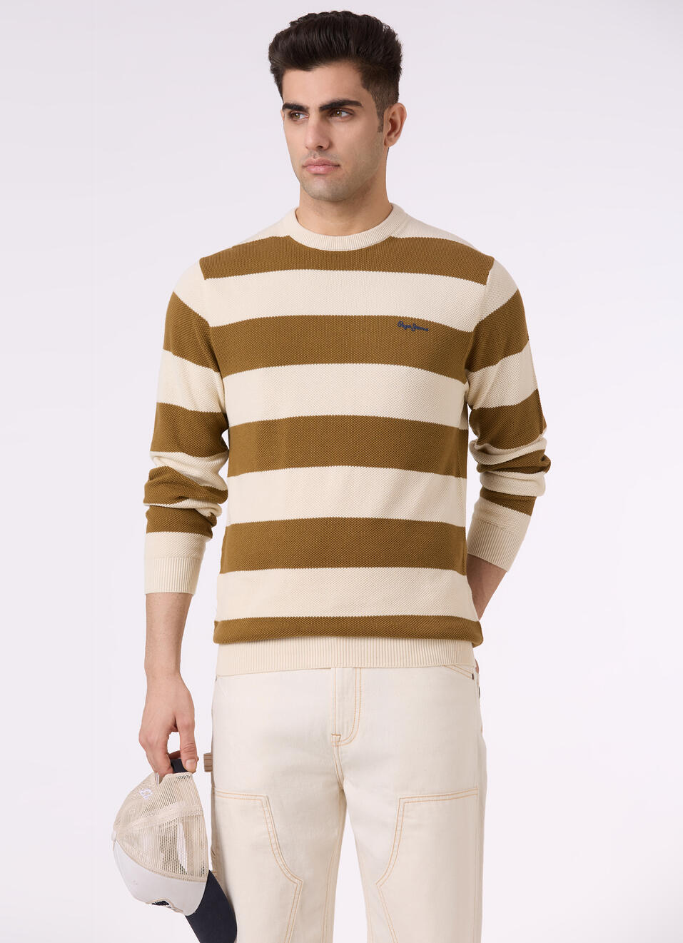 Men Brown Horizontal Stripe Flat Knit Sweater, , large image number 0