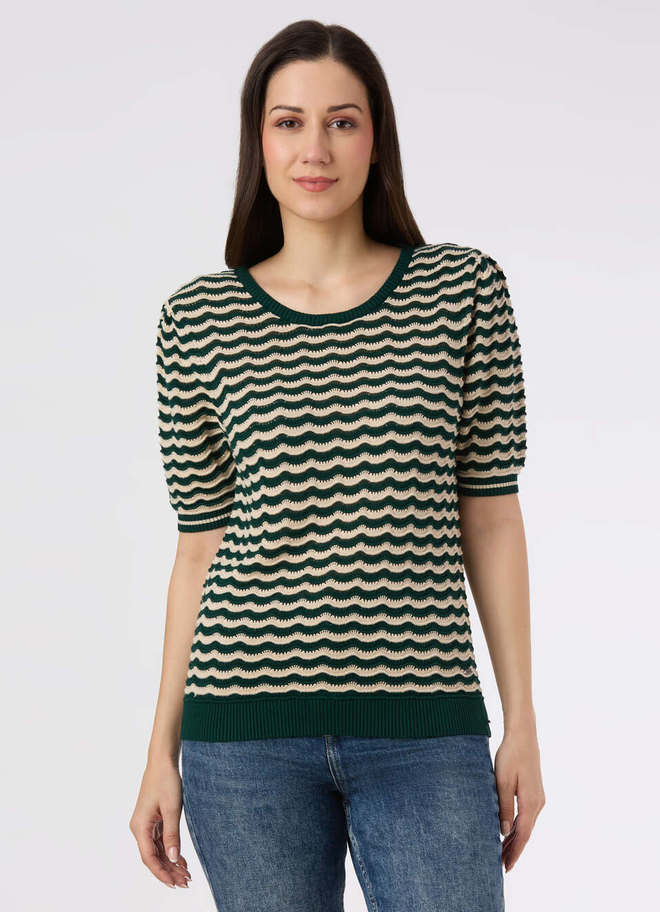 Women Green Textured Stripe Knit Short Sleeve Flat Knit, , large image number 1