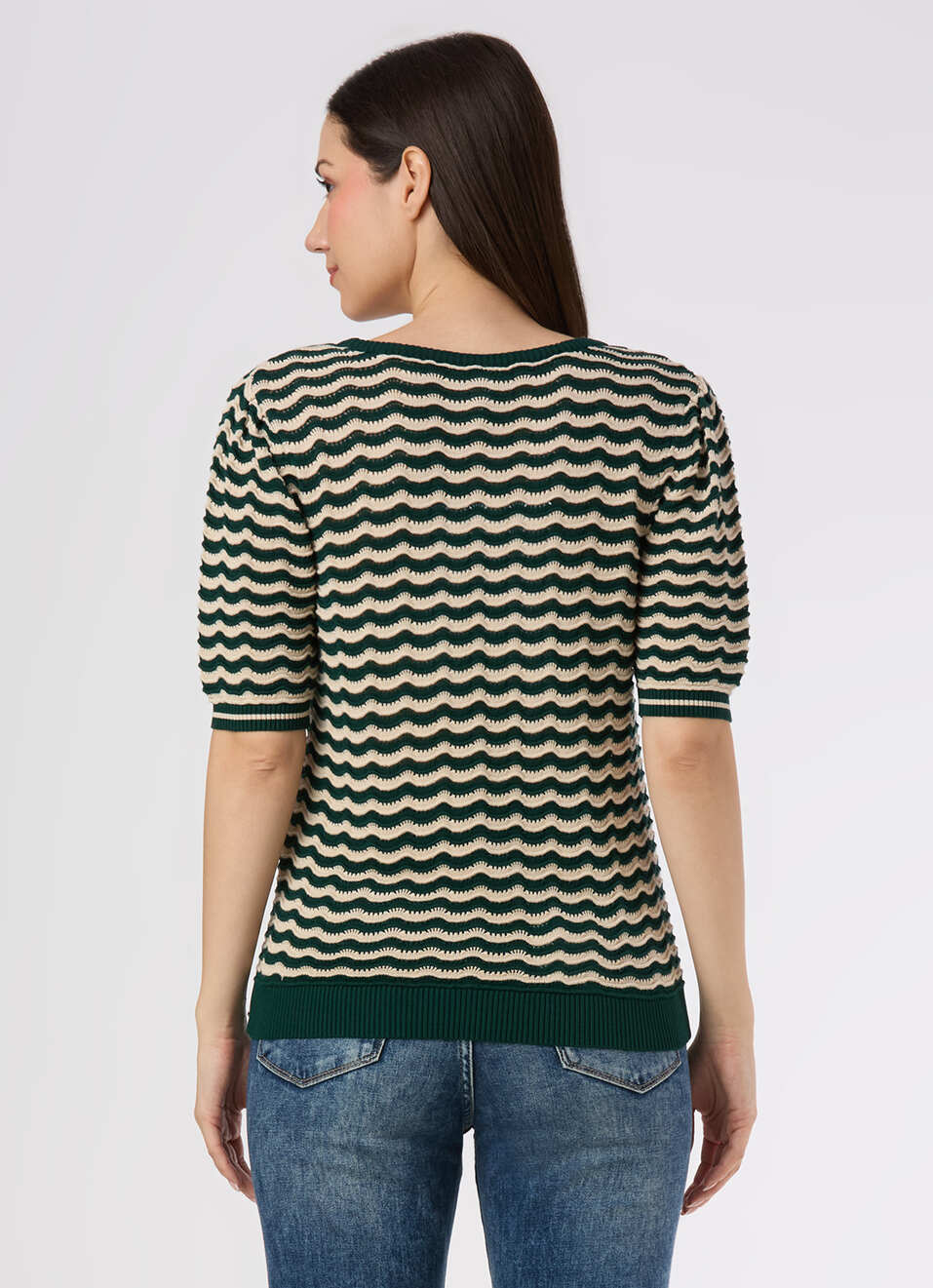 Women Green Textured Stripe Knit Short Sleeve Flat Knit, , large image number 2
