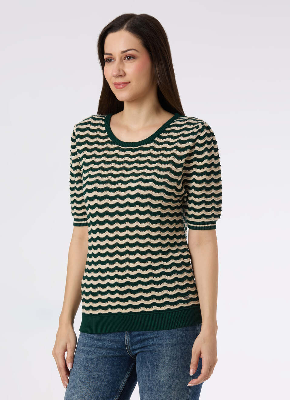 Women Green Textured Stripe Knit Short Sleeve Flat Knit, , large image number 3