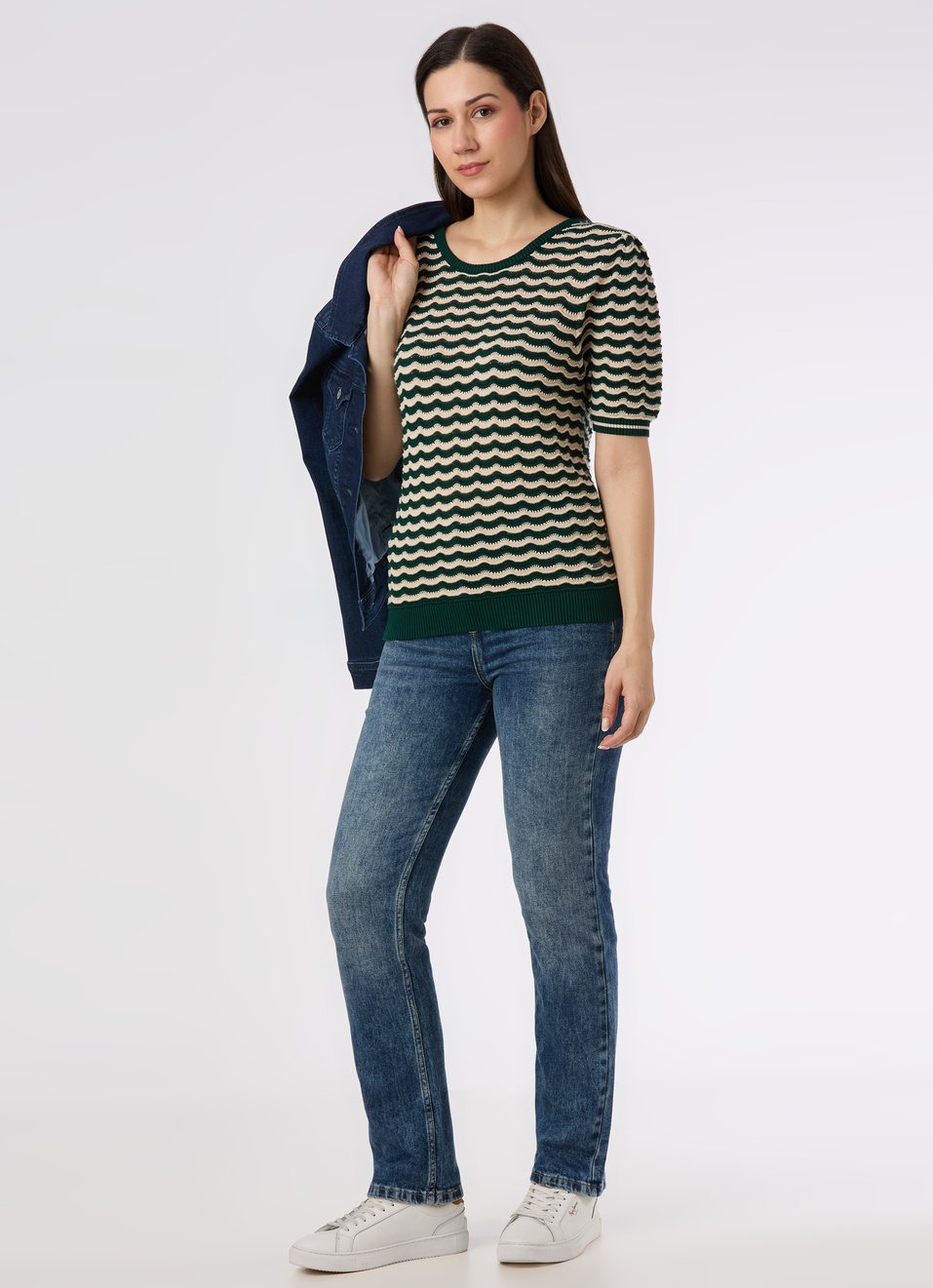 Women Green Textured Stripe Knit Short Sleeve Flat Knit, , large image number 5