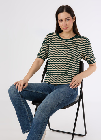 Women Green Textured Stripe Knit Short Sleeve Flat Knit