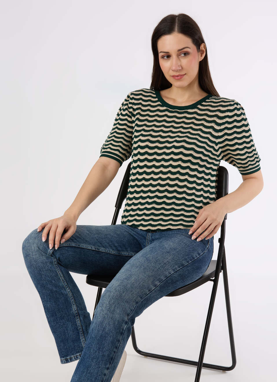 Women Green Textured Stripe Knit Short Sleeve Flat Knit, , large image number 0