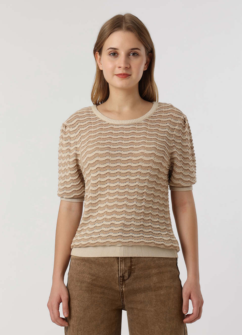 Women Beige Textured Stripe Knit Short Sleeve Flat Knit, , large image number 1