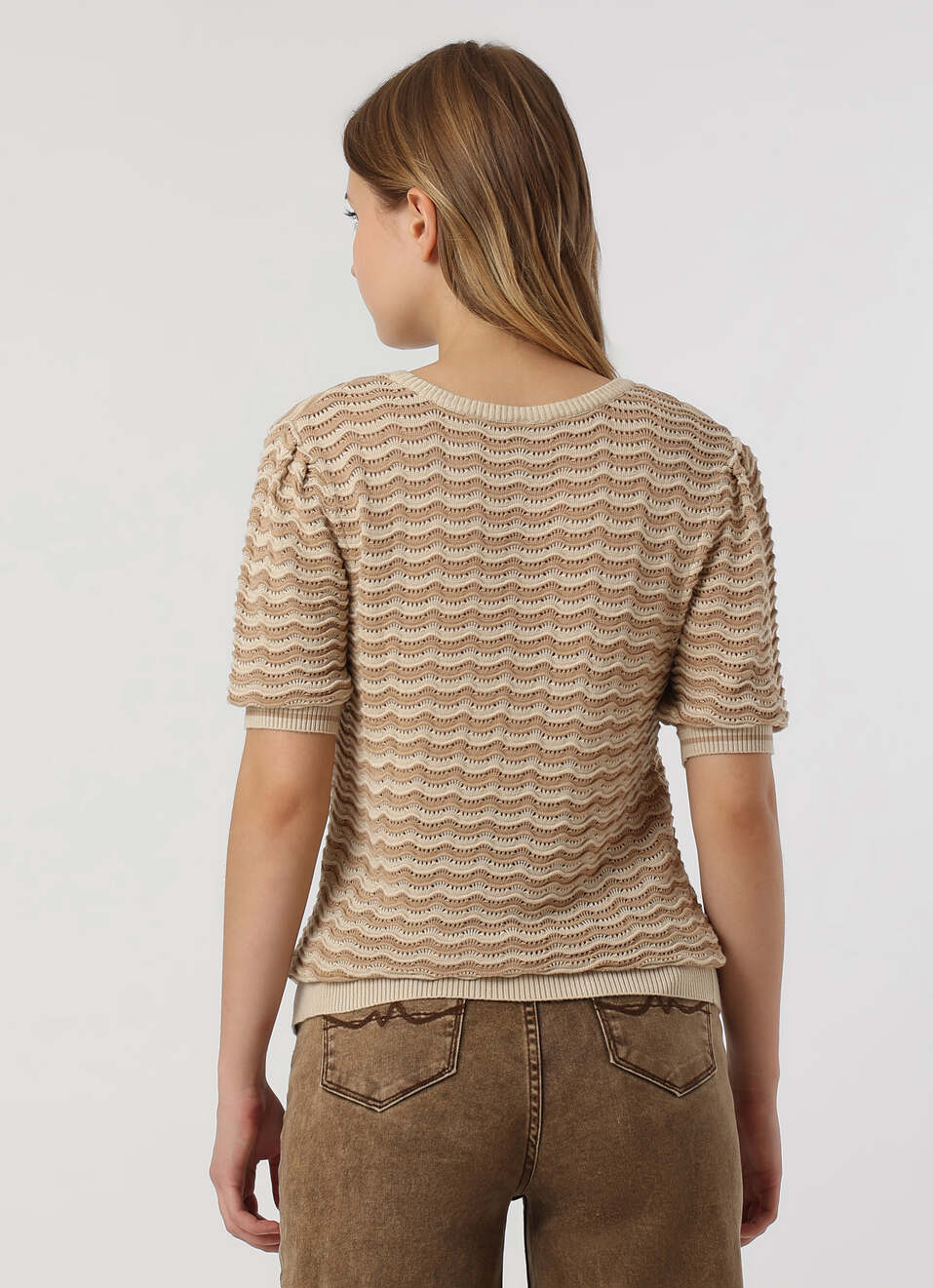 Women Beige Textured Stripe Knit Short Sleeve Flat Knit, , large image number 2